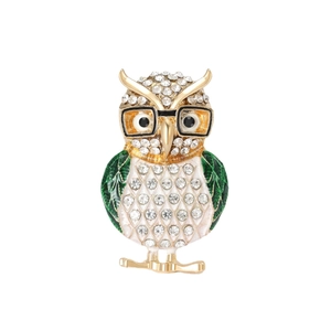 Elegant owl brooch with sparkling rhinestones and green enamel on a golden metal base