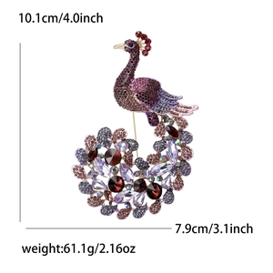Detail showing dimensions and weight of this vintage peacock brooch with purple crystals