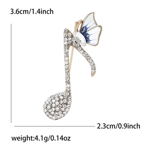 Broche élégante note de musique et papillon avec strass et émail, 3,6cm par 2,3cm