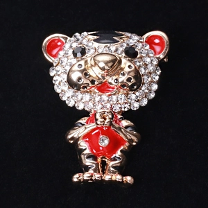 Cute golden tiger brooch with rhinestones and red enamel for festive sweater accessories