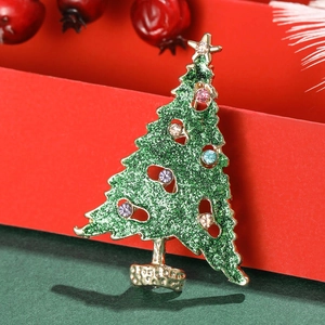 Broche sapin de Noël scintillante avec paillettes vertes et cristaux sur base dorée