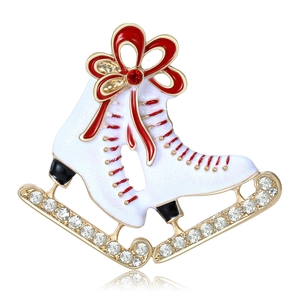 Exquisite Enamel Ice Skates Christmas Brooch For Women Red Bowknot Rhinestone Inlaid Alloy Winter Sport Festive Lapel Pin