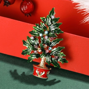 Fashion alloy Christmas tree brooch with colorful rhinestones and green enamel finish