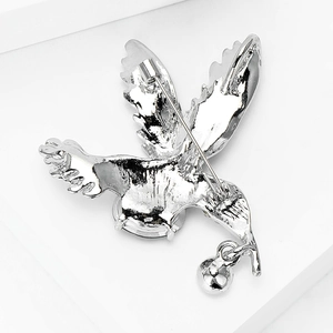 Silberne Kolibri-Brosche mit großem Kristallstein und hängendem Metallkugel-Detail