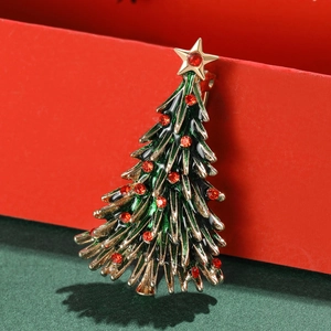 Broche sapin de Noël en alliage avec émail vert et strass rouges étincelants