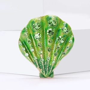 Fashionable green enamel scallop brooch with sparkling crystals and gold plating