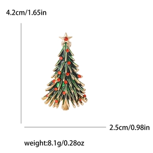 Broche sapin de Noël en émail vert avec strass rouges et détails de dimensions