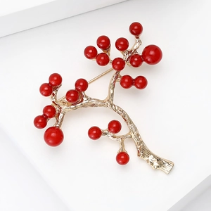 Winter holly berry brooch with red beads and golden branch for coat accessories