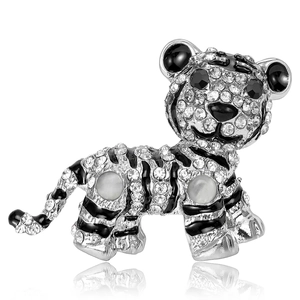 Tiger-Brosche mit schwarzen Emaille-Streifen und weißen Mondsteinen auf Silberbasis