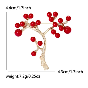 Red holly berry branch brooch in gold metal with dimensions and weight specs