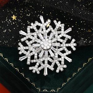 Detailed macro view of the sparkling double-layer zircon snowflake brooch with silver plating