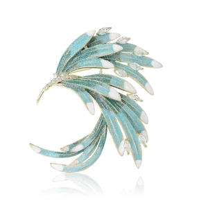 Elegant Chinese phoenix brooch with blue-green enamel and micro-set cubic zirconia crystals