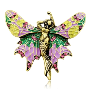 Vintage Alloy Butterfly Fairy Angel Brooch Pin For Women Rhinestone Enamel Drip Oil Character Corsage Fashion Accessory Jewelry