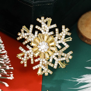 Detailed view of spinning double-layer snowflake brooch with sparkling zircon and gold finish