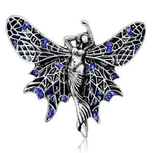 Exquisite silver angel brooch with black enamel wings and blue rhinestones