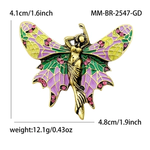 Fashionable butterfly angel brooch in gold alloy with colorful enamel and pink rhinestones