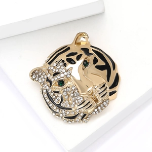 Vintage golden tiger head brooch with crystal rhinestones for men suit lapel