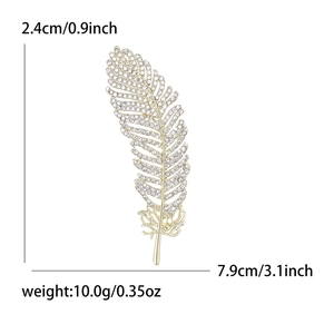 Elegant silver feather brooch pin with sparkling white rhinestones for women accessories
