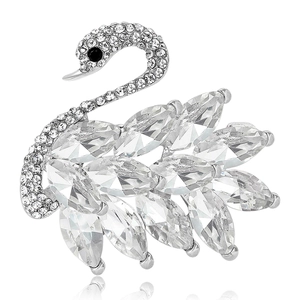 Elegant swan brooch with silver diamonds and marquise crystals for suits and coats