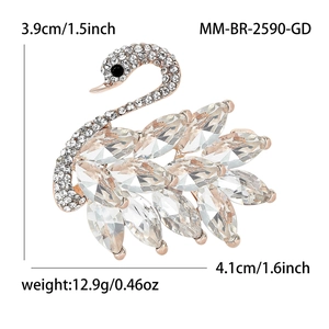 Elegant gold swan brooch with sparkling crystals and rhinestones for women's sweaters