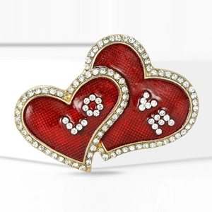 Elegant gold-tone heart brooch with red woven texture and sparkling LOVE diamond inlay