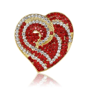 Broche élégante en alliage doré avec double cœur de pavot et cristaux rouges et blancs