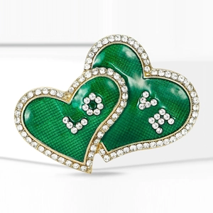 Exquisite interlocking green heart brooch with LOVE crystal inlay and golden finish