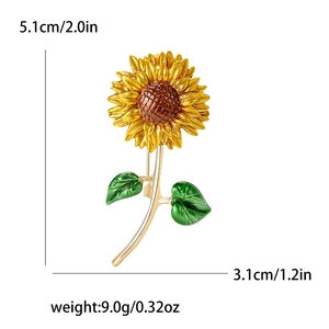 Broche tournesol en alliage émaillé artistique avec dimensions détaillées du produit