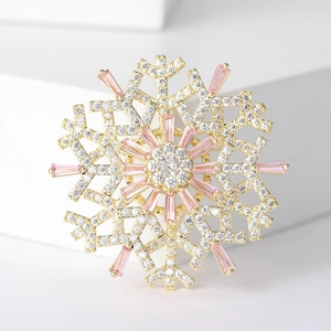 Macro view of rotating double-layer snowflake brooch with pink and white cubic zirconia