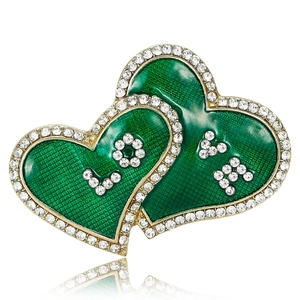 Green enamel heart brooch with diamond rhinestones and LOVE lettering decoration