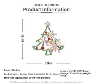 Detailed view of rotating Christmas tree brooch with dimensions and colorful zircons