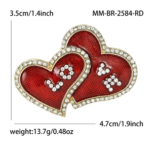 Red heart-shaped alloy brooch with rhinestones and LOVE lettering in golden frame