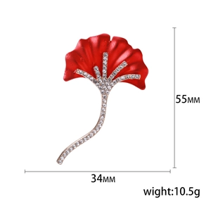 Broche feuille de ginkgo rouge avec diamants pour costumes, taille 55 mm x 34 mm