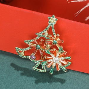 Creative rotating Christmas tree brooch with colorful zircon crystals on a gold base