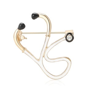Golden stethoscope enamel brooch with white inlay and sparkling zircon stone for medical wear
