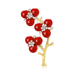 Elegant Plum Blossom Brooch With Red Faux Artificial Pearl White Rhinestone Copper Branch Pins For Women Banquet Clothes Jewelry