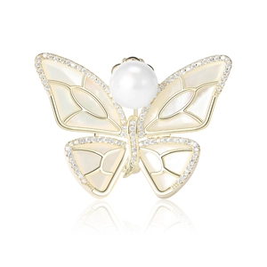 Exquisite gold-plated butterfly brooch with white shell wings and a central pearl