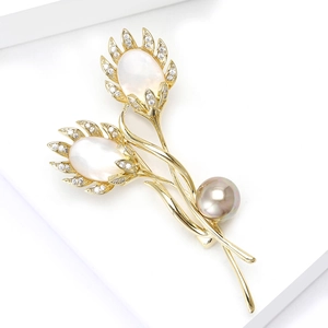 Broche tulipe élégante en or avec cristaux de zircon et détail de perle lavande