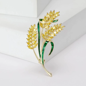Elegant Gold Copper Wheat Stalk Brooch Yellow Zirconia Green Enamel Fashion Office Brooch Pin Women Wedding Banquet Jewelry