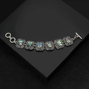Vintage Alloy Abalone Shell Link Bracelet Hollow Carving Retro Geometric Bohemian Hand Jewelry With Toggle Clasp For Women Men