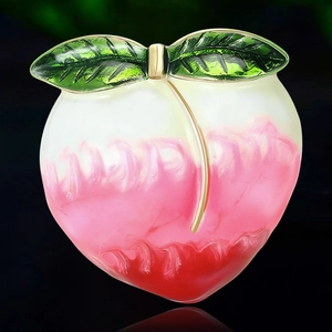 Broche chic en émail pêche rose avec feuilles vertes pour accessoire de vêtement
