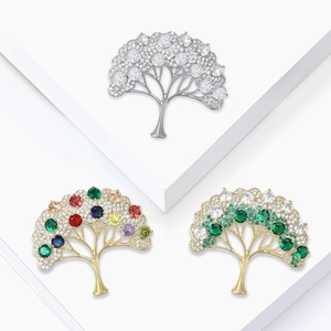 Élégante Broche Arbre de Vie en Cuivre et Zircone pour Femmes Mode Forme de Plante Colorée Vert Argent Bijoux Accessoires Cadeau