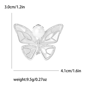 Spilla a farfalla elegante con perla e zircone, 3,0x4,1cm, spilla di moda color argento