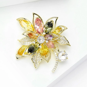 Elegant floral brooch with multicolored marquise zircons and gold-plated metal base