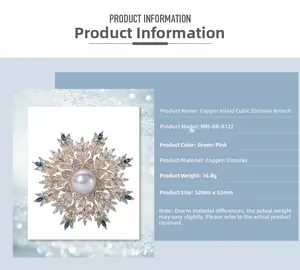Detailed view of snowflake brooch with pearls and cubic zirconia dimensions 52mm by 52mm