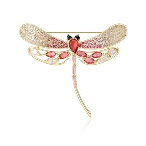 Exquisite golden dragonfly brooch with pink micro-pave crystals and red zircon stones