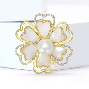 Broche Camélia Fleur Cuivre Plaqué Or Nacre Zircone Pétales Coeur Künstliche Perle Broche pour Tailleur Femme Bijoux Cadeau