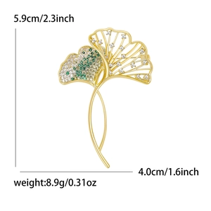 Ginkgo leaf brooch with green and white zircons, dimensions 5.9cm height and 4.0cm width