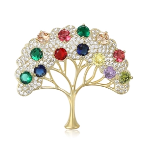 Exquisite golden tree brooch with colorful zircon stones and micro-pave crystals
