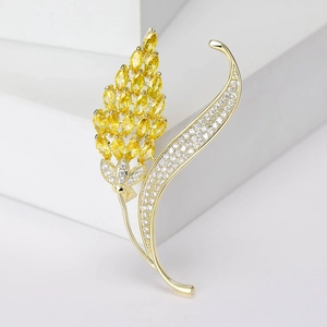 Broche Élégante en Cuivre Plaqué Or Forme Épi de Blé Pour Femmes Zirconia Micro-incrusté Jaune Blanc Bijoux